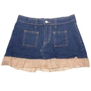 Vintage Agaci Too Y2K Low Rise Micro Mini‎ Skirt Denim Size 27 x 11 Floral Trim